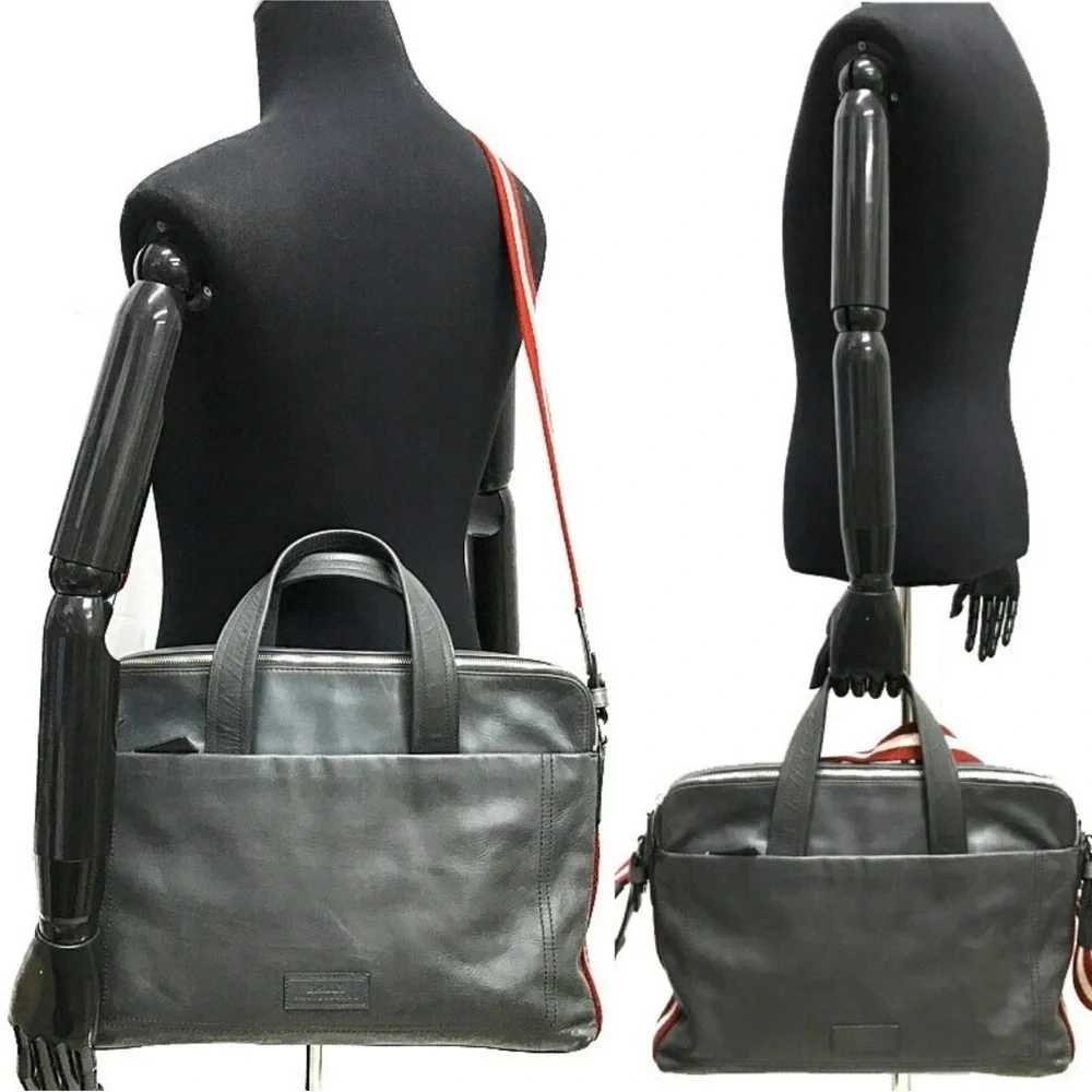BALLY 2Way Business Bag Striped Gray Leather Silver Hardware